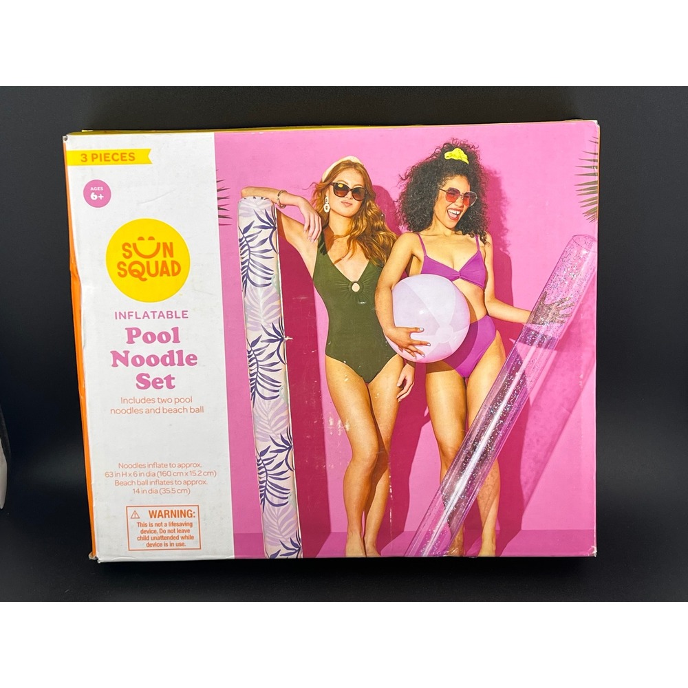Sun Squad Inflatable Pool Noodle Set 3‎ Pieces Palm Leaf Pink Glitter Beach Ball